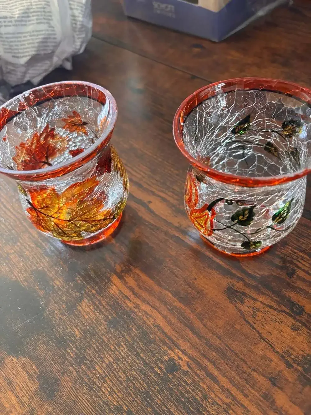 Set of 2 Autumn Fall Leaf Hand-Painted Crackle Glass Candle Votives